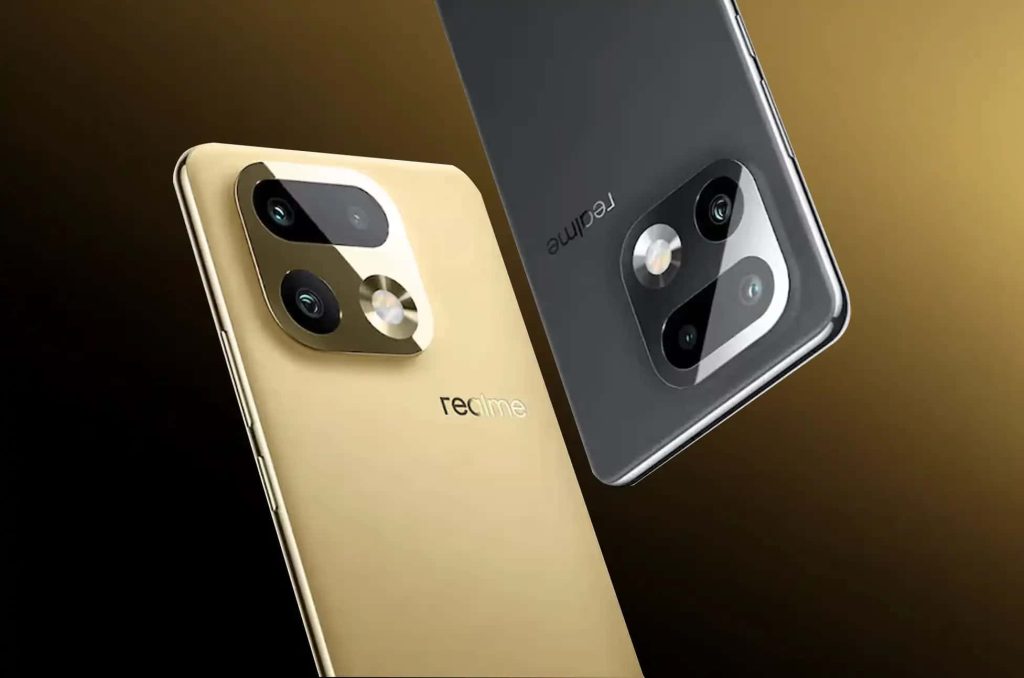 Gros plan sur les deux coloris du smartphone realme 16 Pro+, doré et gris foncé, flottant l'un devant l'autre.